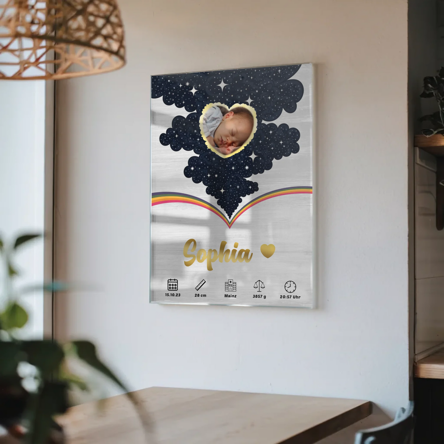 Herz Foto Acrylglas Bild Baby Geburtsdaten Holz Hell