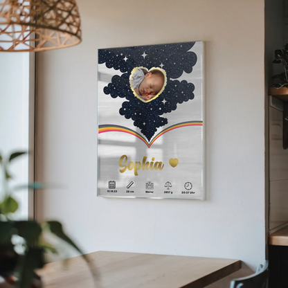 Herz Foto Acrylglas Bild Baby Geburtsdaten Holz Hell