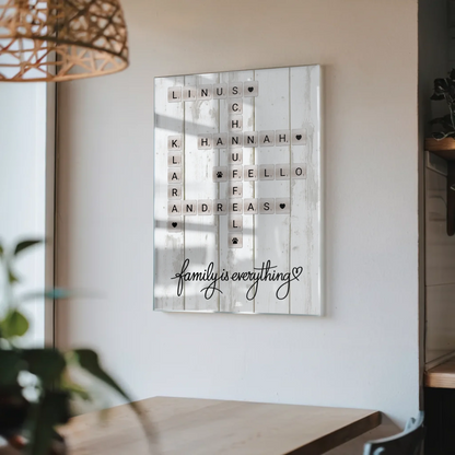 Familien Acrylglas Bild Scrabble Style mit Namen Wunschtext
