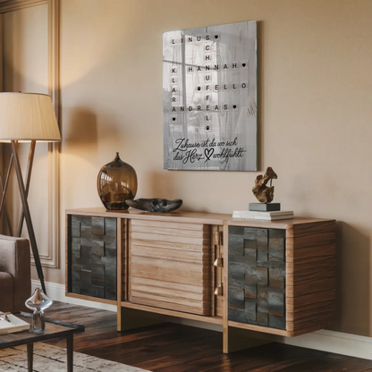 Familien Acrylglas Bild Kreuzworträtsel mit Namen Herz Wohlfühlt