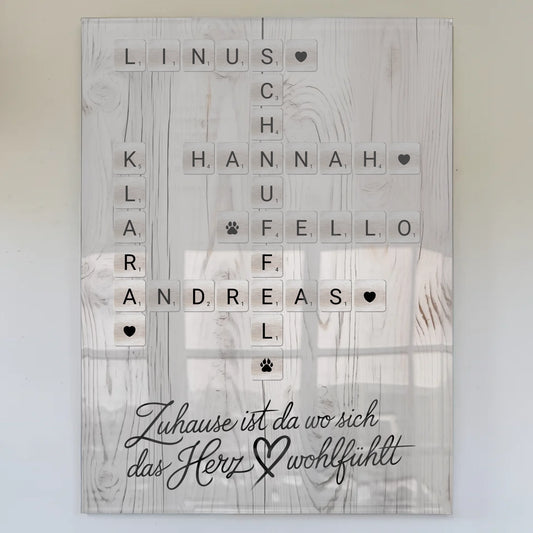 Familien Acrylglas Bild Kreuzworträtsel mit Namen Herz Wohlfühlt