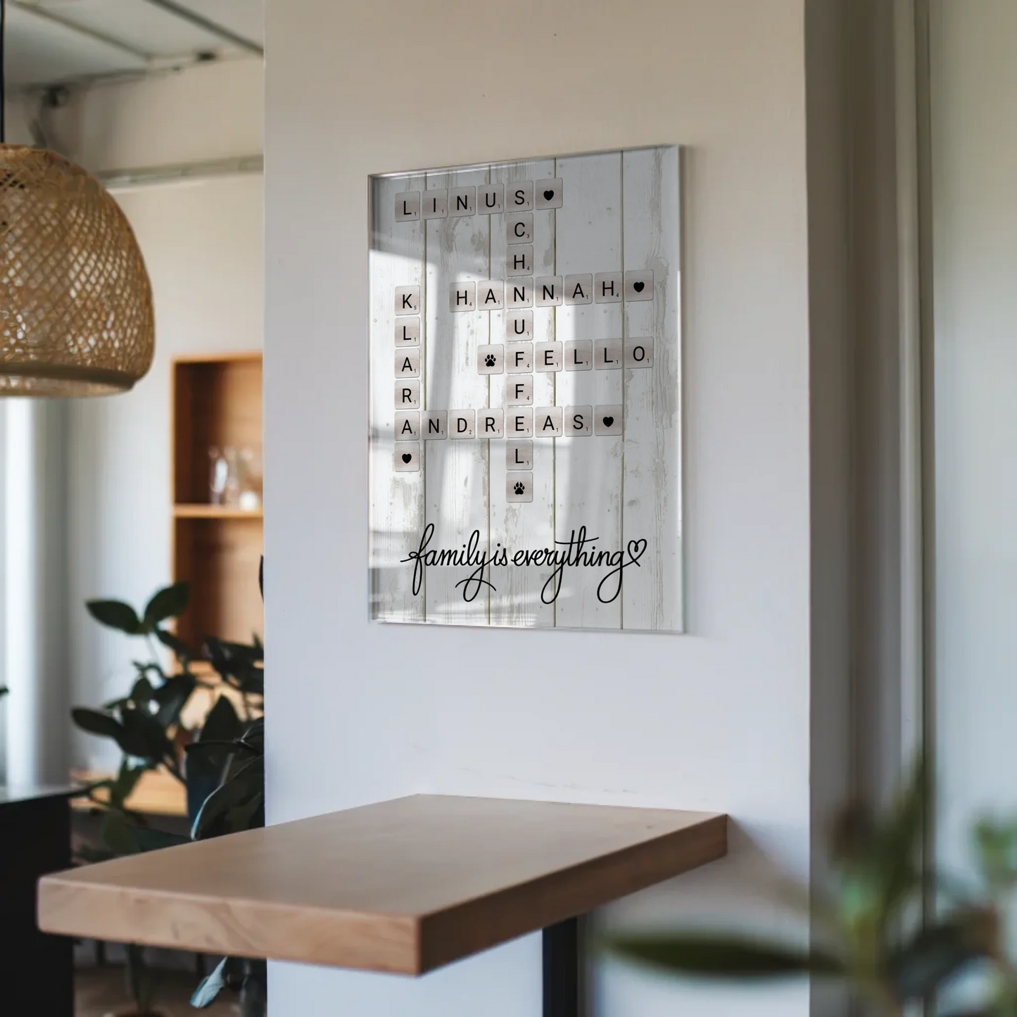 Familien Acrylglas Bild Scrabble Style mit Namen Wunschtext