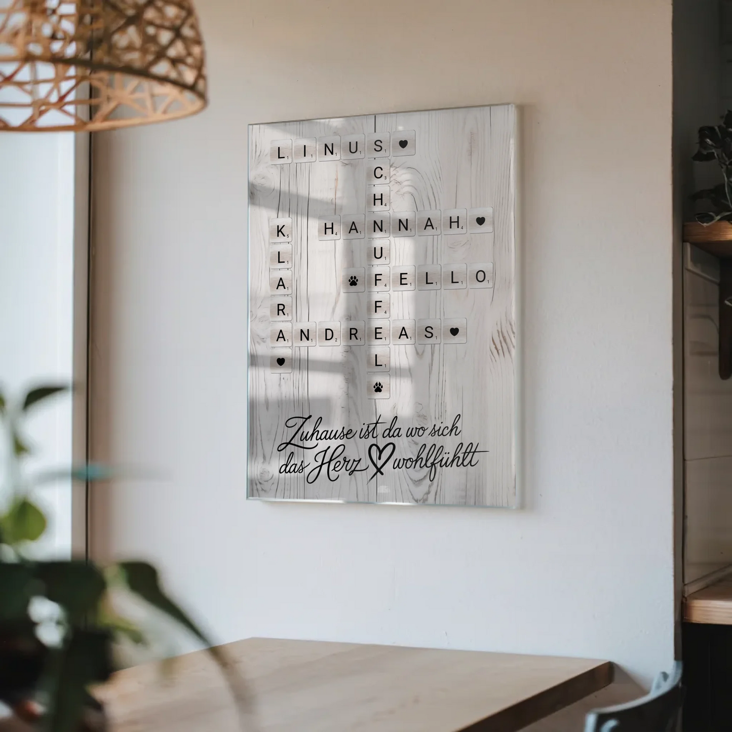 Familien Acrylglas Bild Kreuzworträtsel mit Namen Herz Wohlfühlt