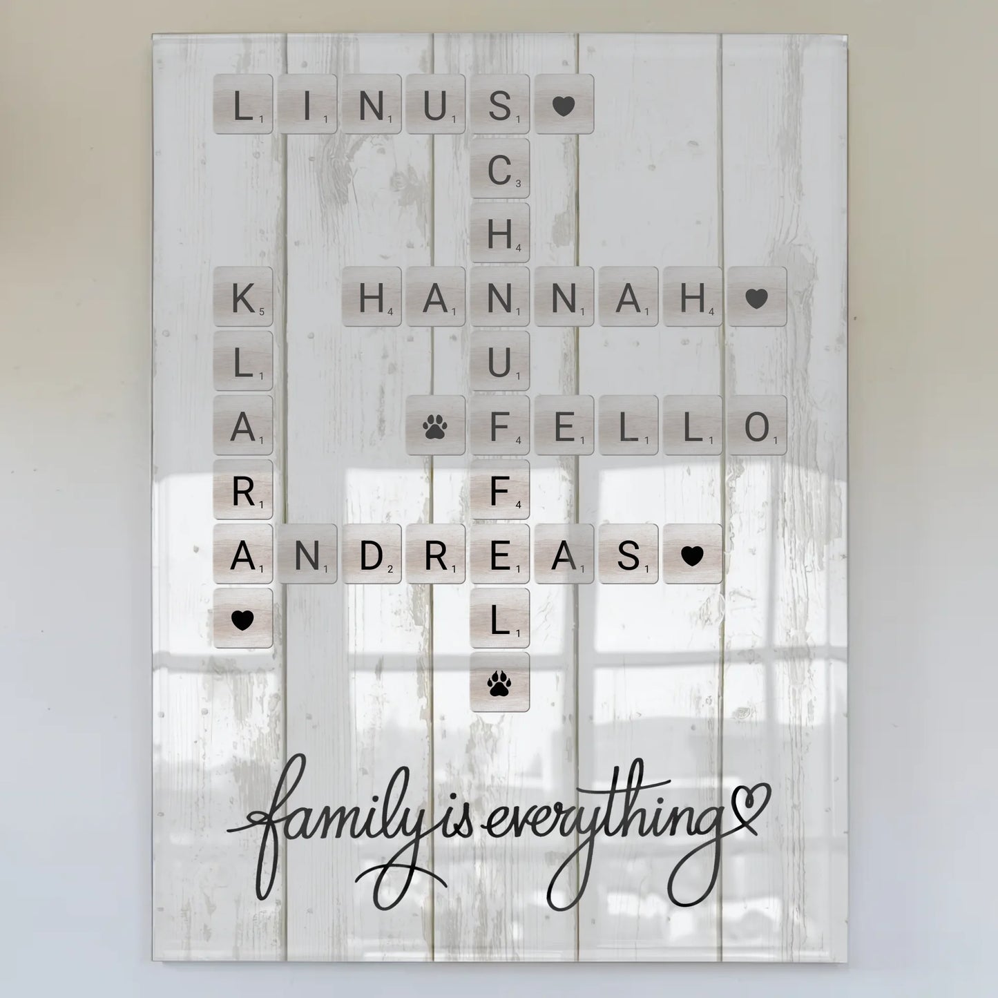 Familien Acrylglas Bild Scrabble Style mit Namen Wunschtext