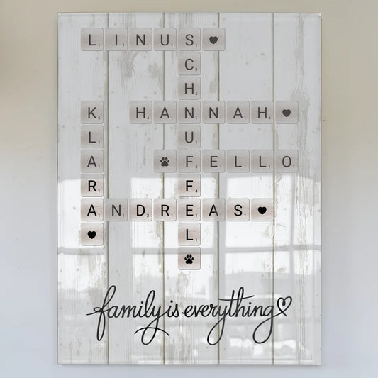 Familien Acrylglas Bild Scrabble Style mit Namen Wunschtext