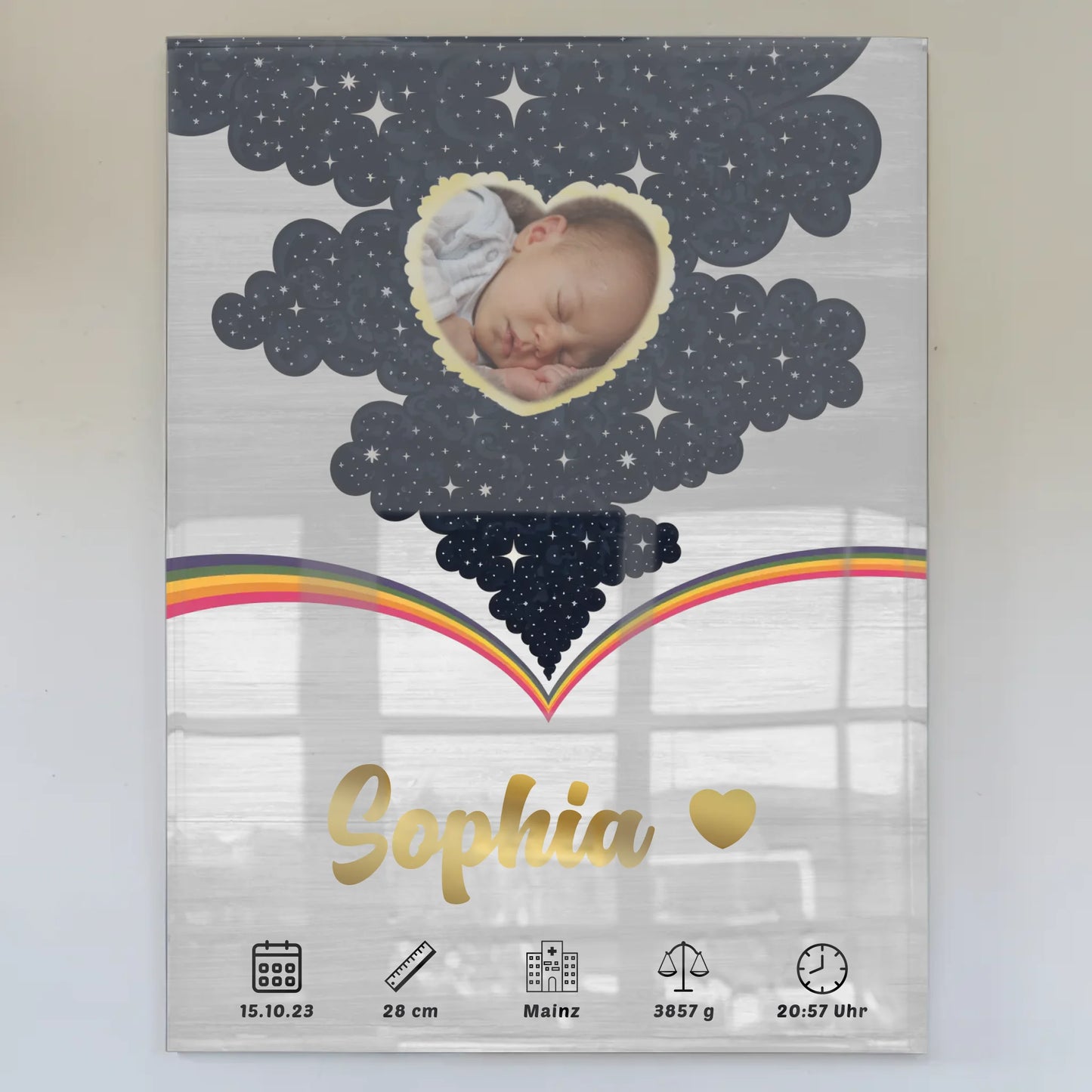 Herz Foto Acrylglas Bild Baby Geburtsdaten Holz Hell