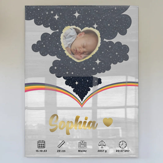 Herz Foto Acrylglas Bild Baby Geburtsdaten Holz Hell