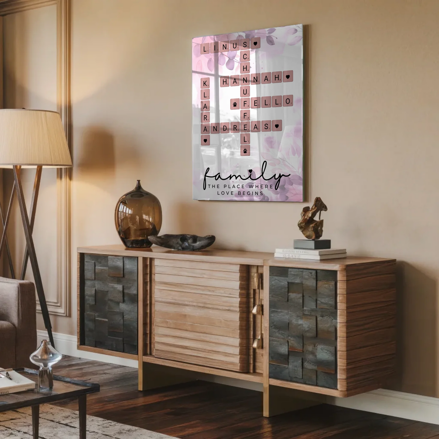 Acrylglas Bild Familie personalisiert Scrabble Style Namen