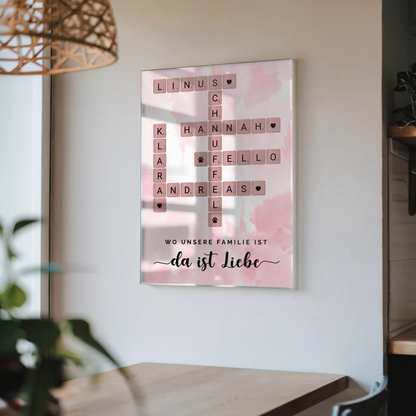 Acrylglas Bild Familie Spruch Kreuzworträtsel mit Namen