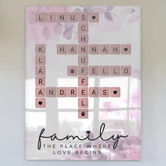 Acrylglas Bild Familie personalisiert Scrabble Style Namen