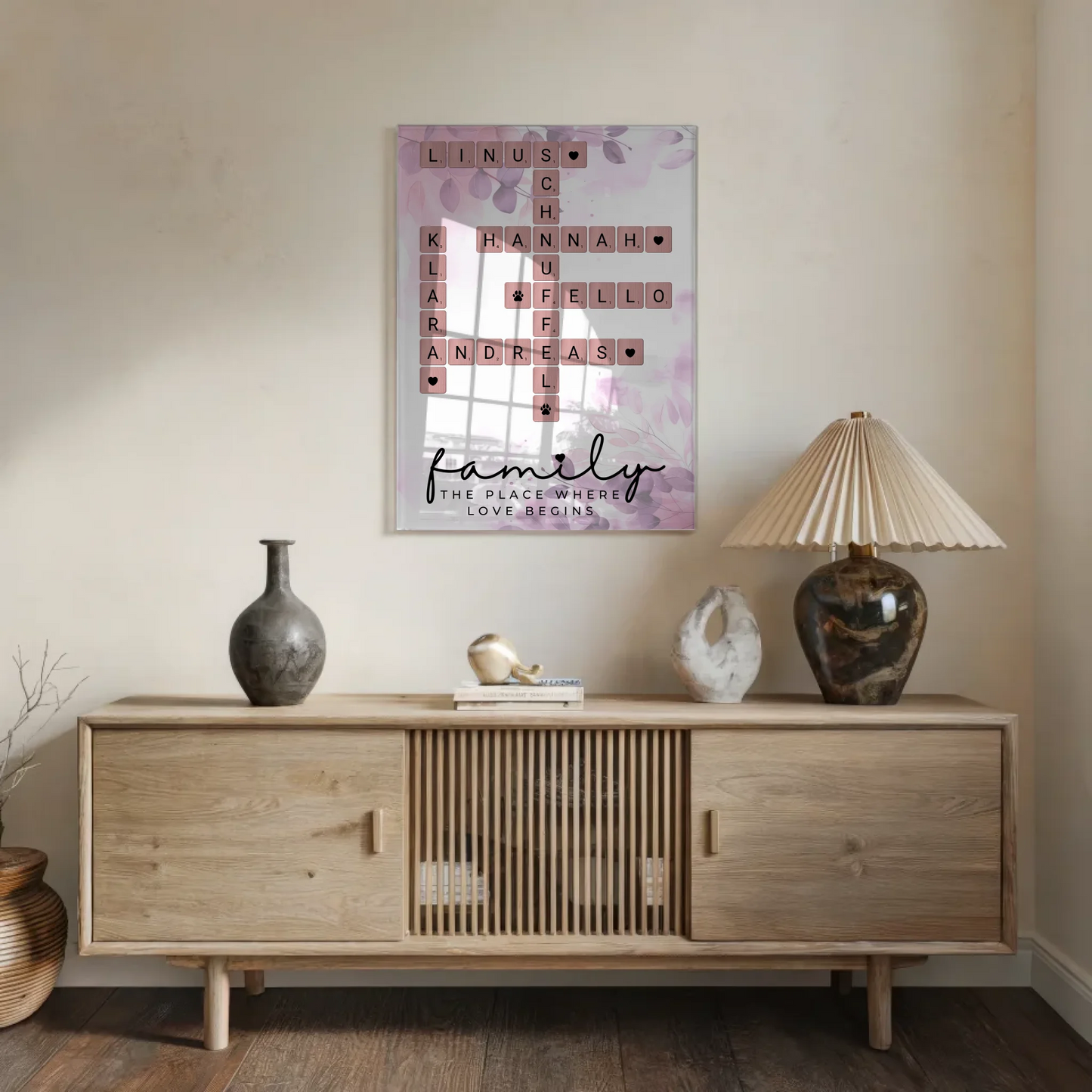 Acrylglas Bild Familie personalisiert Scrabble Style Namen