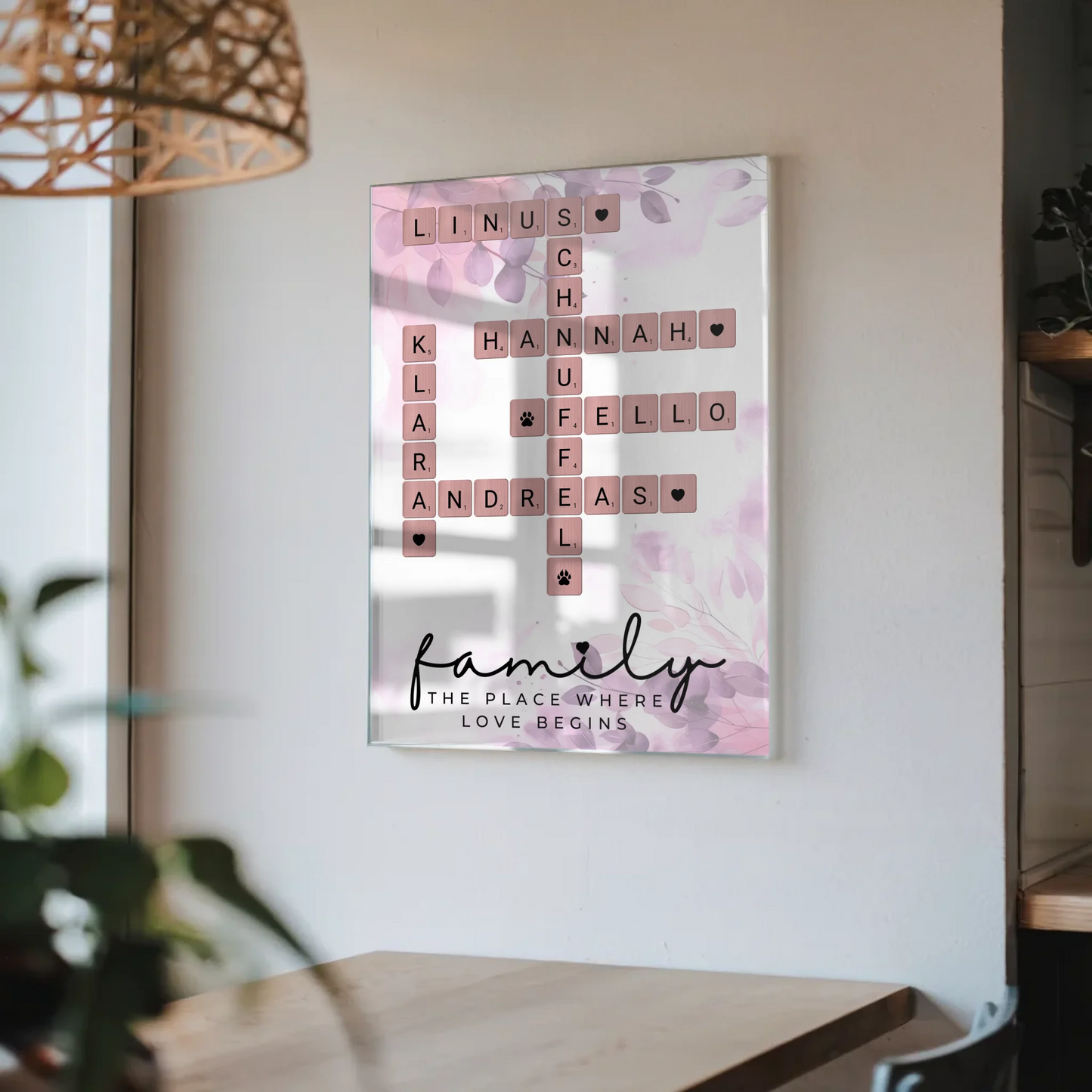 Acrylglas Bild Familie personalisiert Scrabble Style Namen