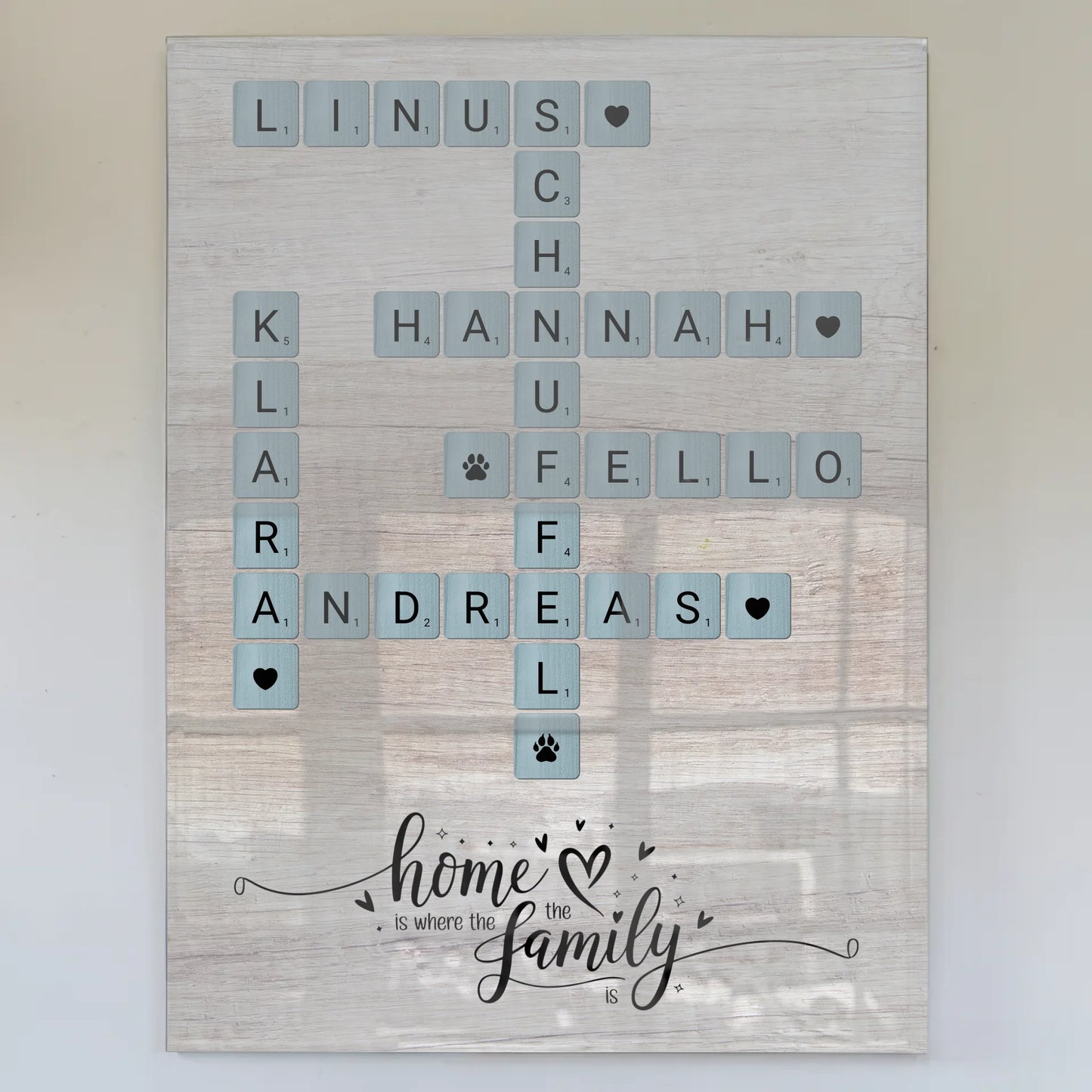 Acrylglas Bild Spruch Familie Scrabble Style mit Namen