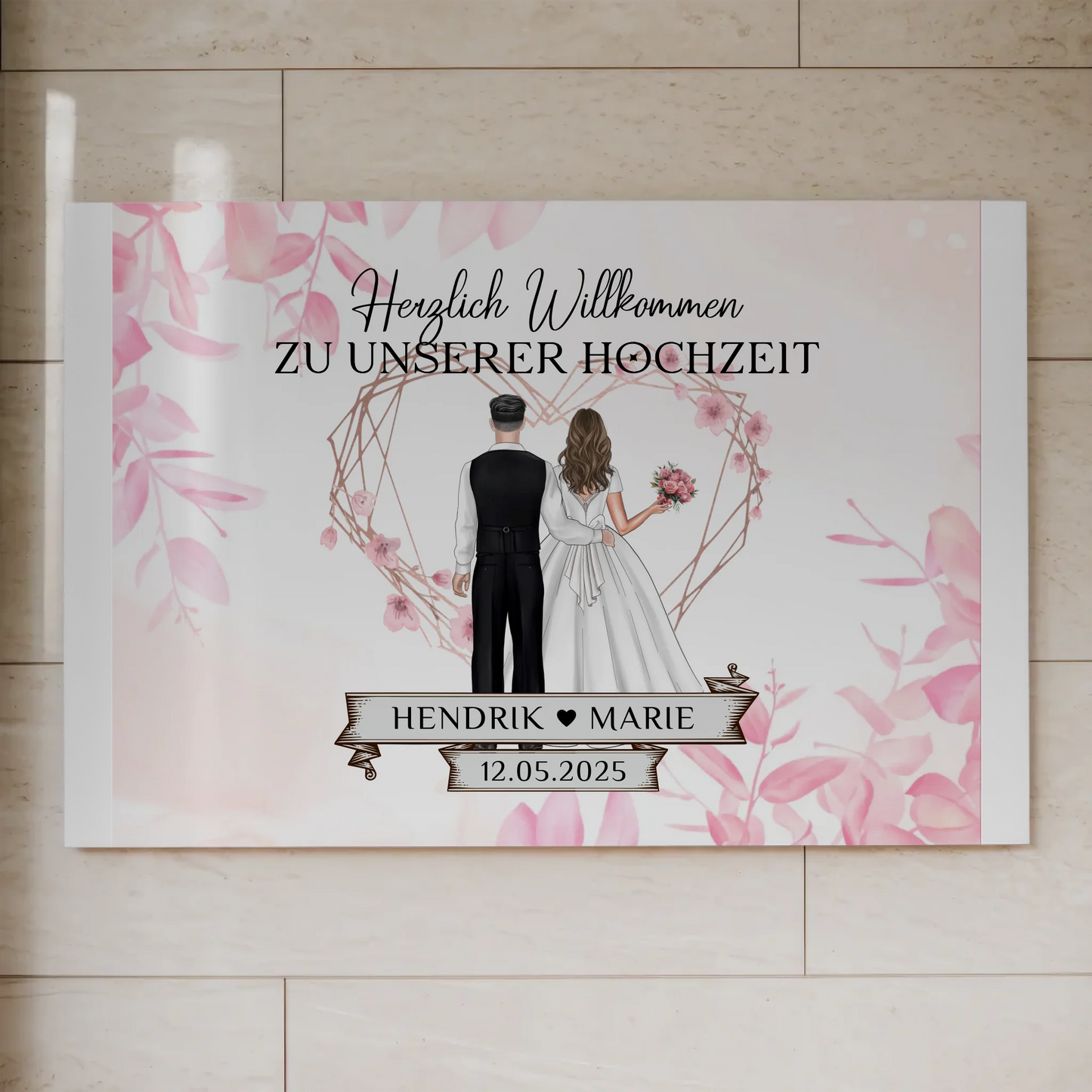 Willkommens Fotoboard Hochzeit Rosa Floral mit Namen