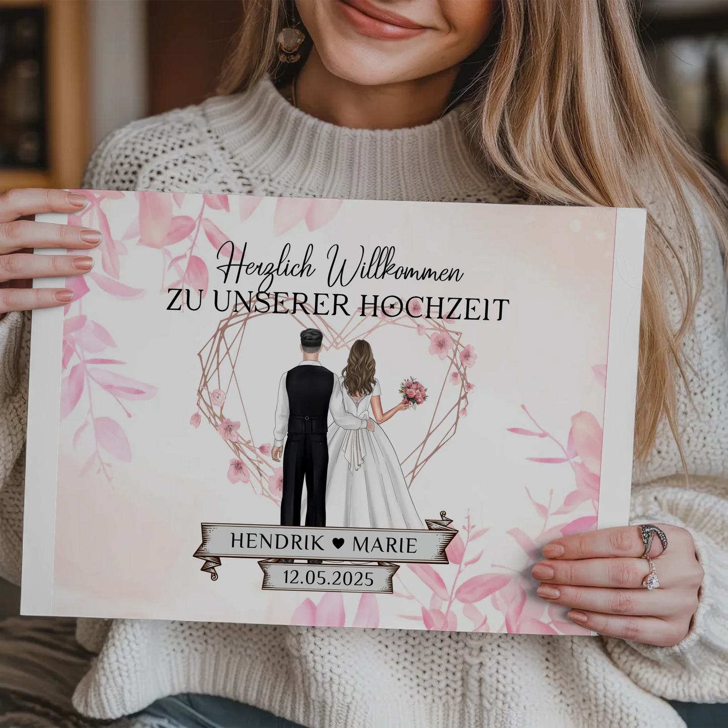 Willkommens Fotoboard Hochzeit Rosa Floral mit Namen
