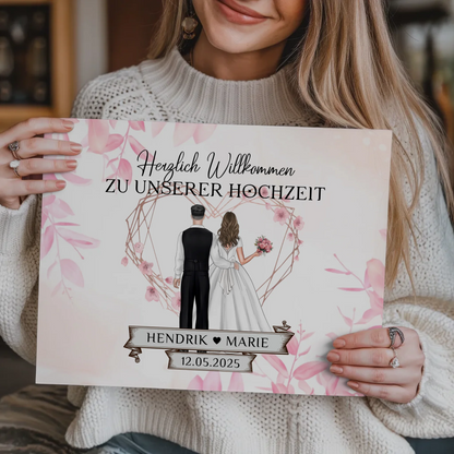 Willkommens Fotoboard Hochzeit Rosa Floral mit Namen