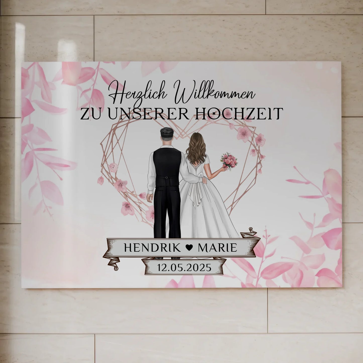 Willkommens Fotoboard Hochzeit Rosa Floral mit Namen