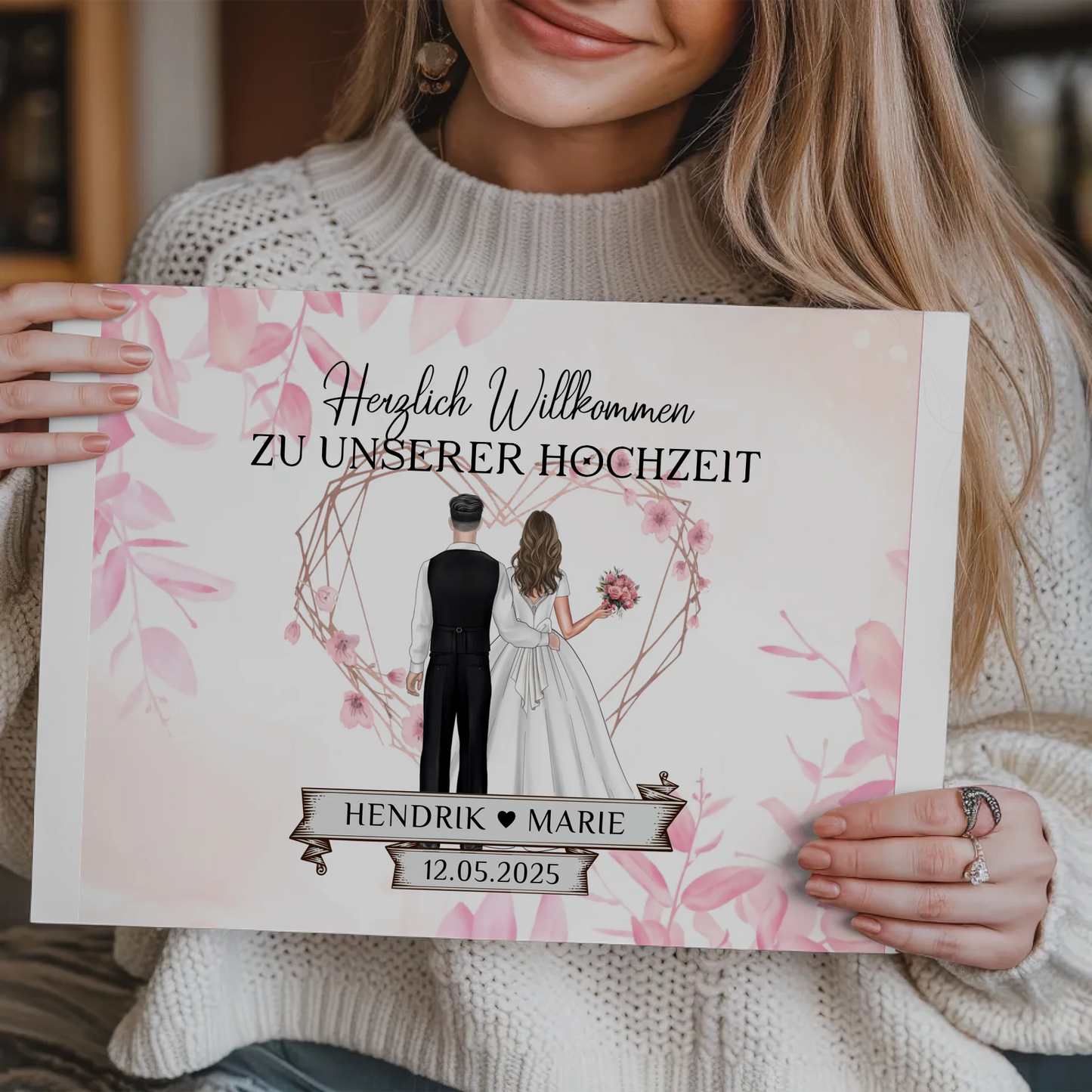 Willkommens Fotoboard Hochzeit Rosa Floral mit Namen