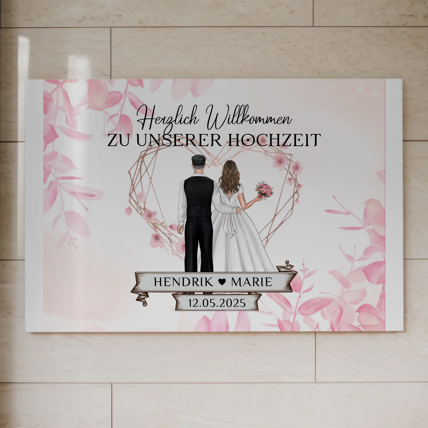 Willkommens Fotoboard Hochzeit Rosa Floral mit Namen