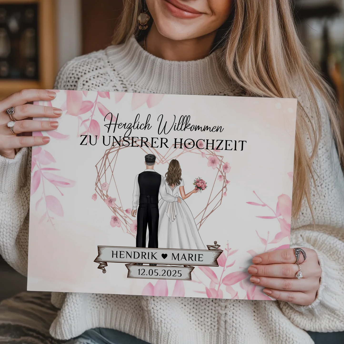 Willkommens Fotoboard Hochzeit Rosa Floral mit Namen