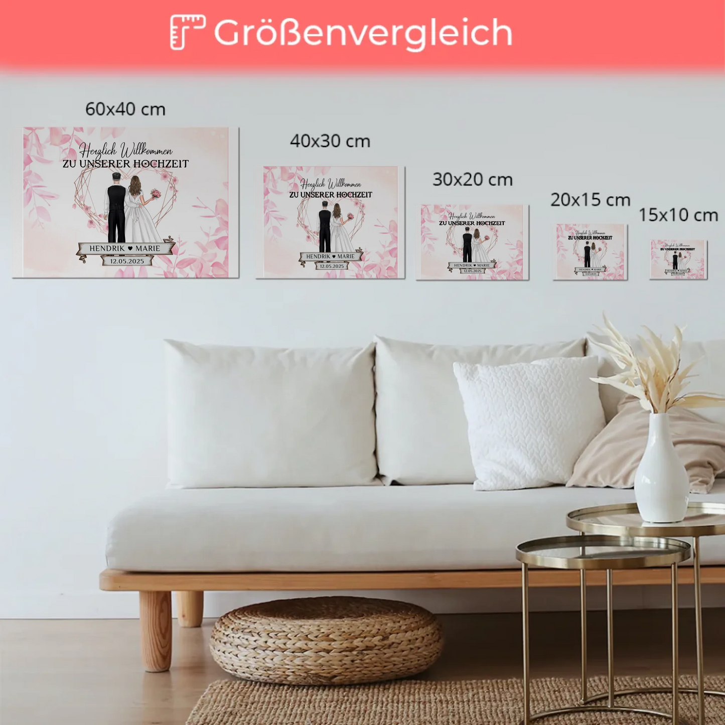 Willkommens Fotoboard Hochzeit Rosa Floral mit Namen