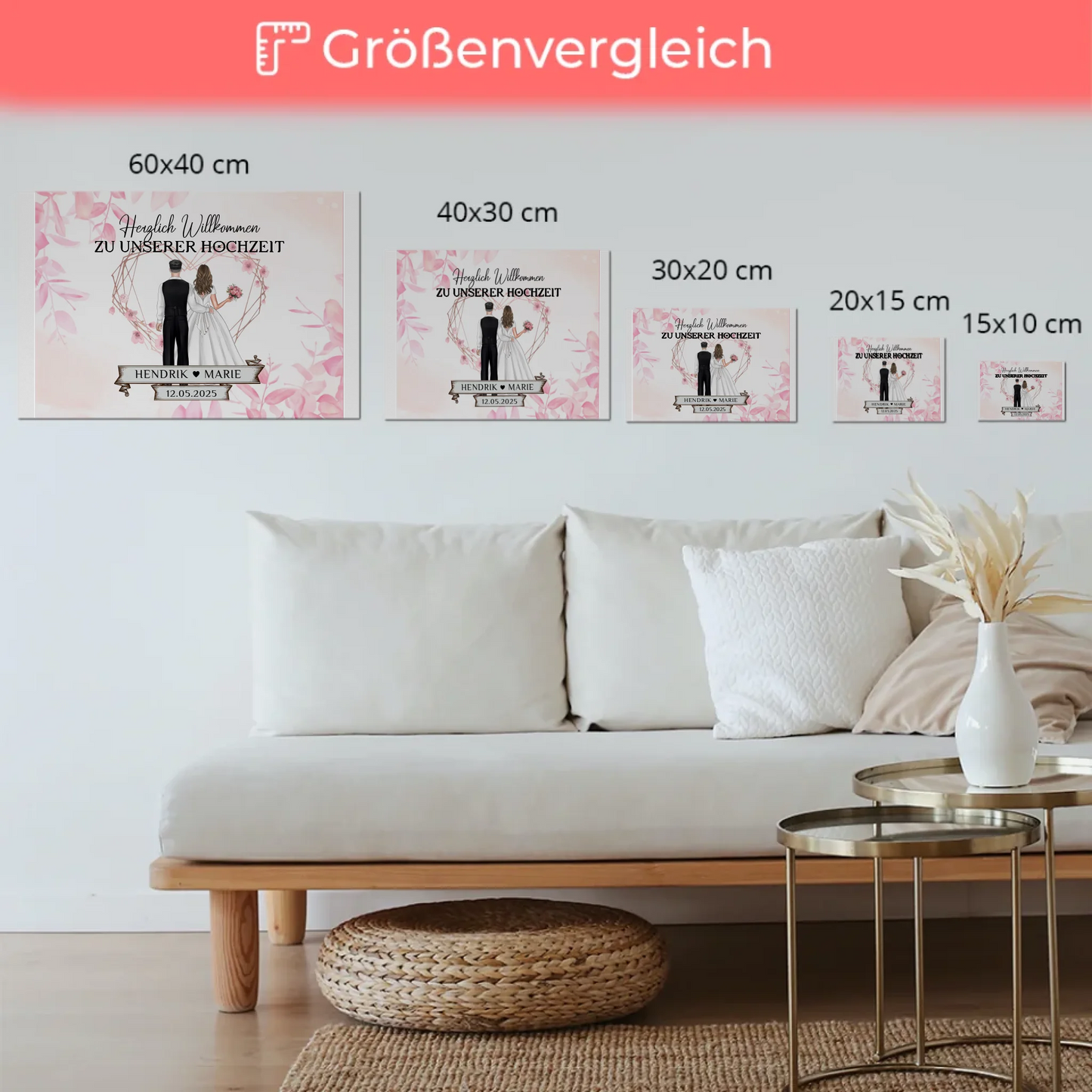 Willkommens Fotoboard Hochzeit Rosa Floral mit Namen