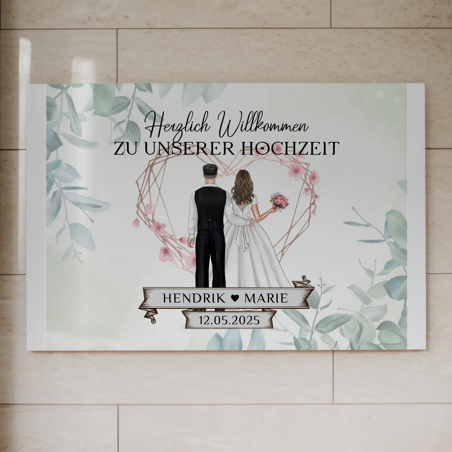 Hochzeit Willkommensschild Herz Rose Fotoboard Design