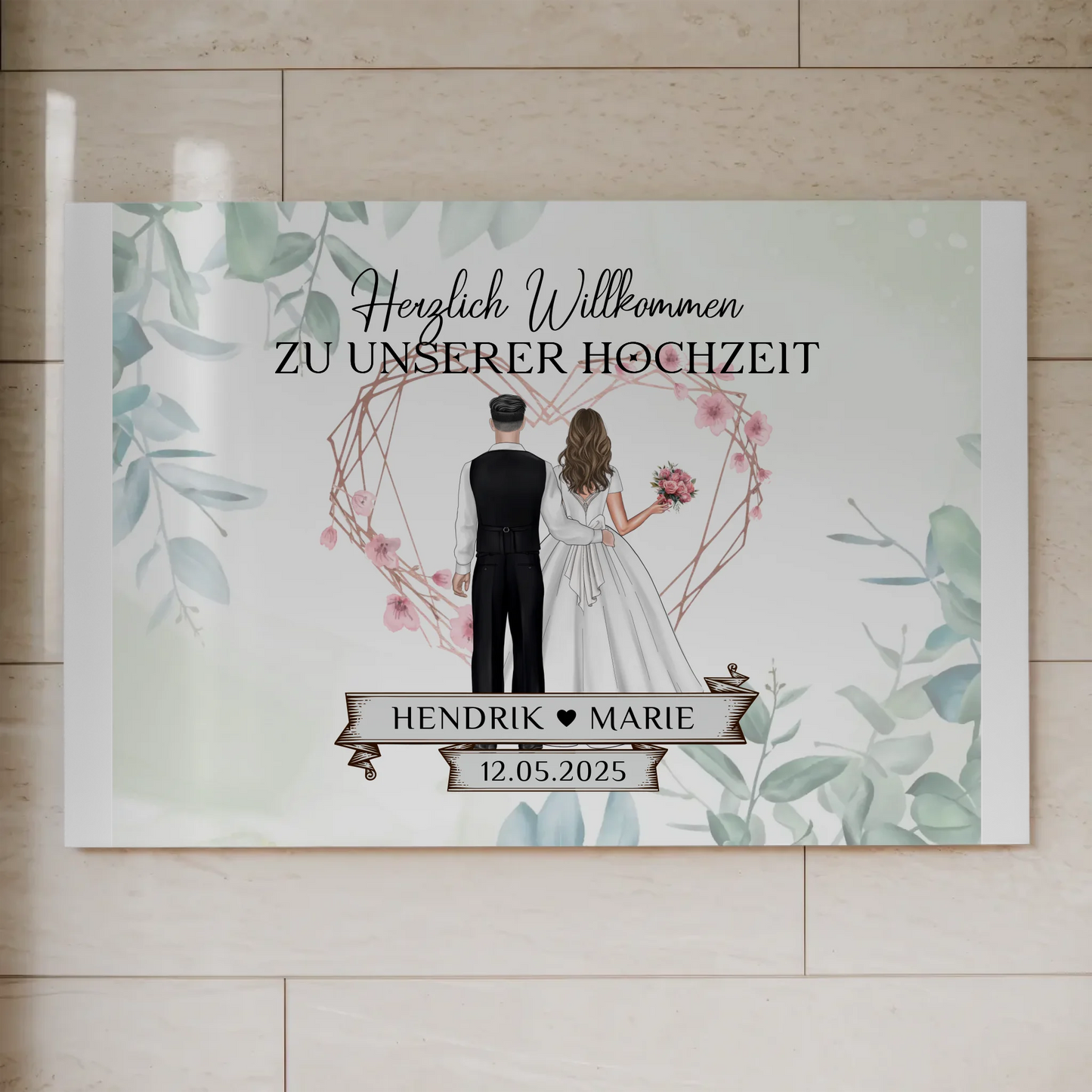 Hochzeit Willkommensschild Herz Rose Fotoboard Design