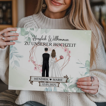 Hochzeit Willkommensschild Herz Rose Fotoboard Design