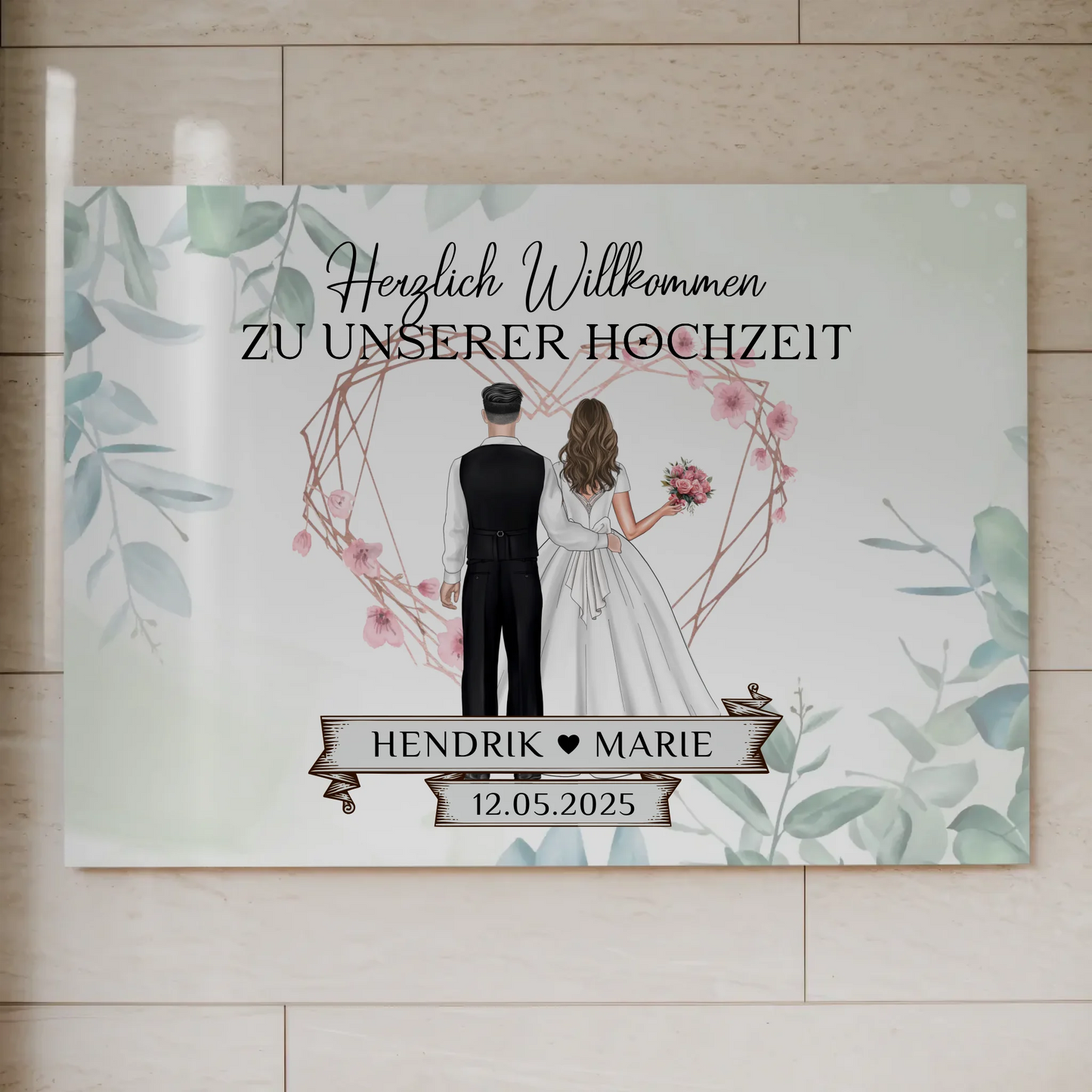 Hochzeit Willkommensschild Herz Rose Fotoboard Design