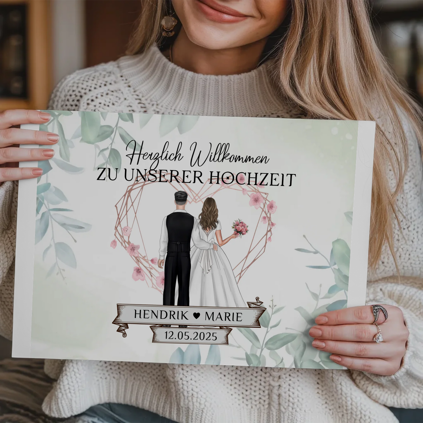 Hochzeit Willkommensschild Herz Rose Fotoboard Design