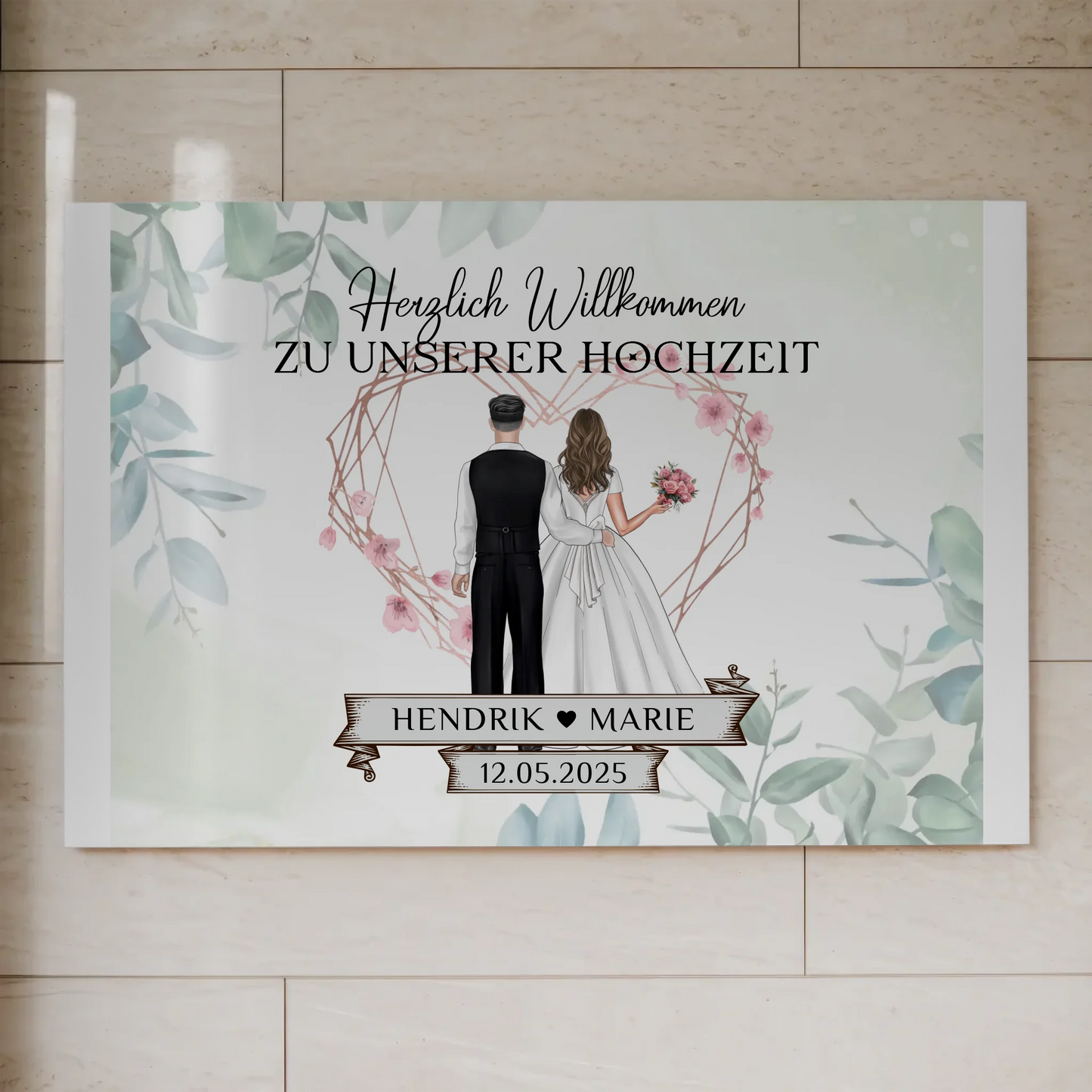Hochzeit Willkommensschild Herz Rose Fotoboard Design