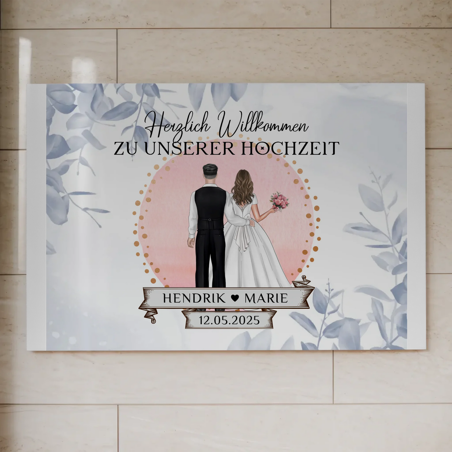 Willkommensschild Hochzeit Eucalyptus Blau Fotoboard