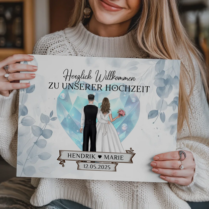 Willkommens Fotoboard Hochzeit Floral Blau Design