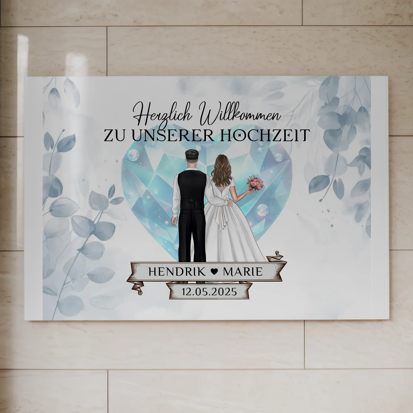 Willkommens Fotoboard Hochzeit Floral Blau Design