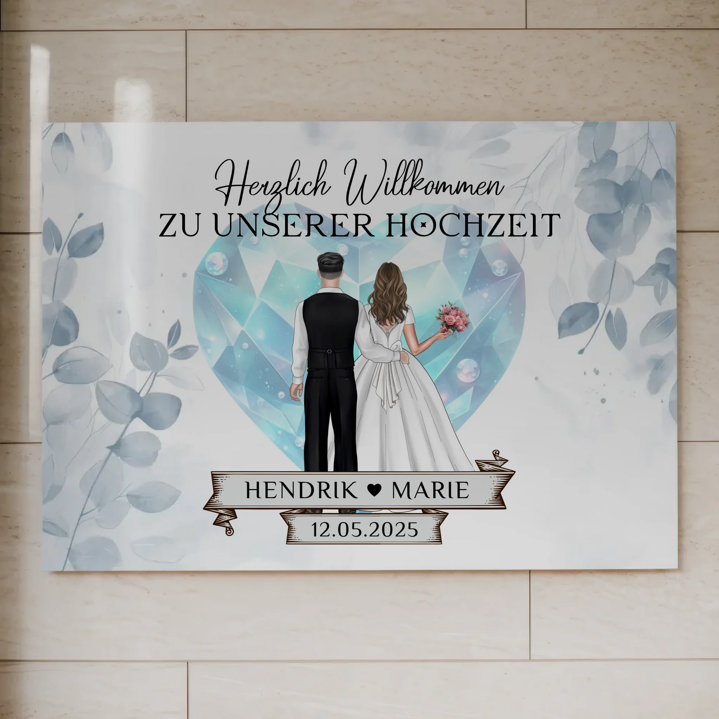 Willkommens Fotoboard Hochzeit Floral Blau Design