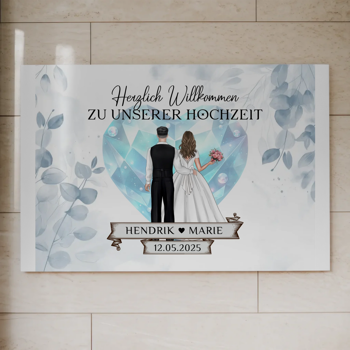 Willkommens Fotoboard Hochzeit Floral Blau Design