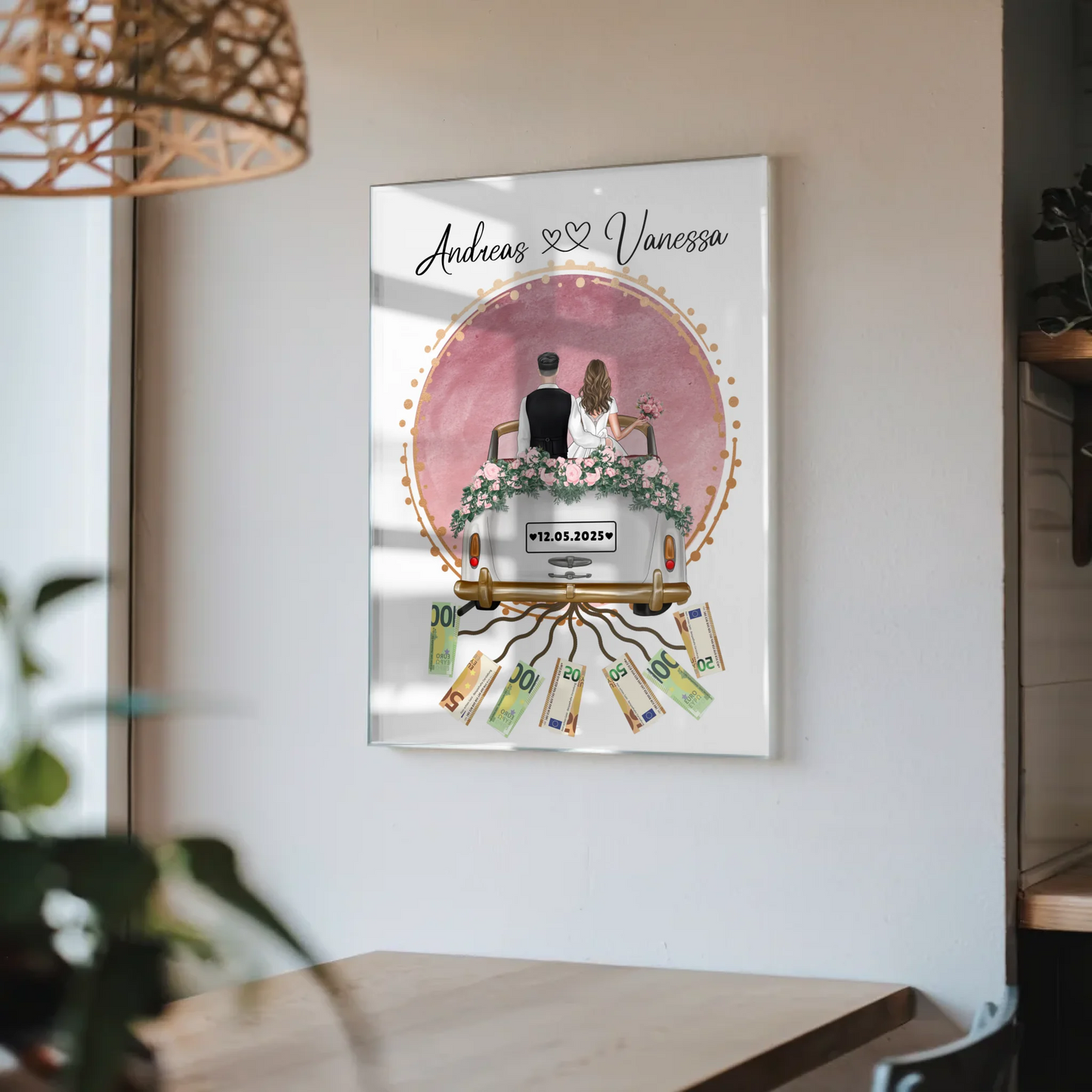 Geldgeschenk Hochzeit Wandbild Rosa Aquarell Design