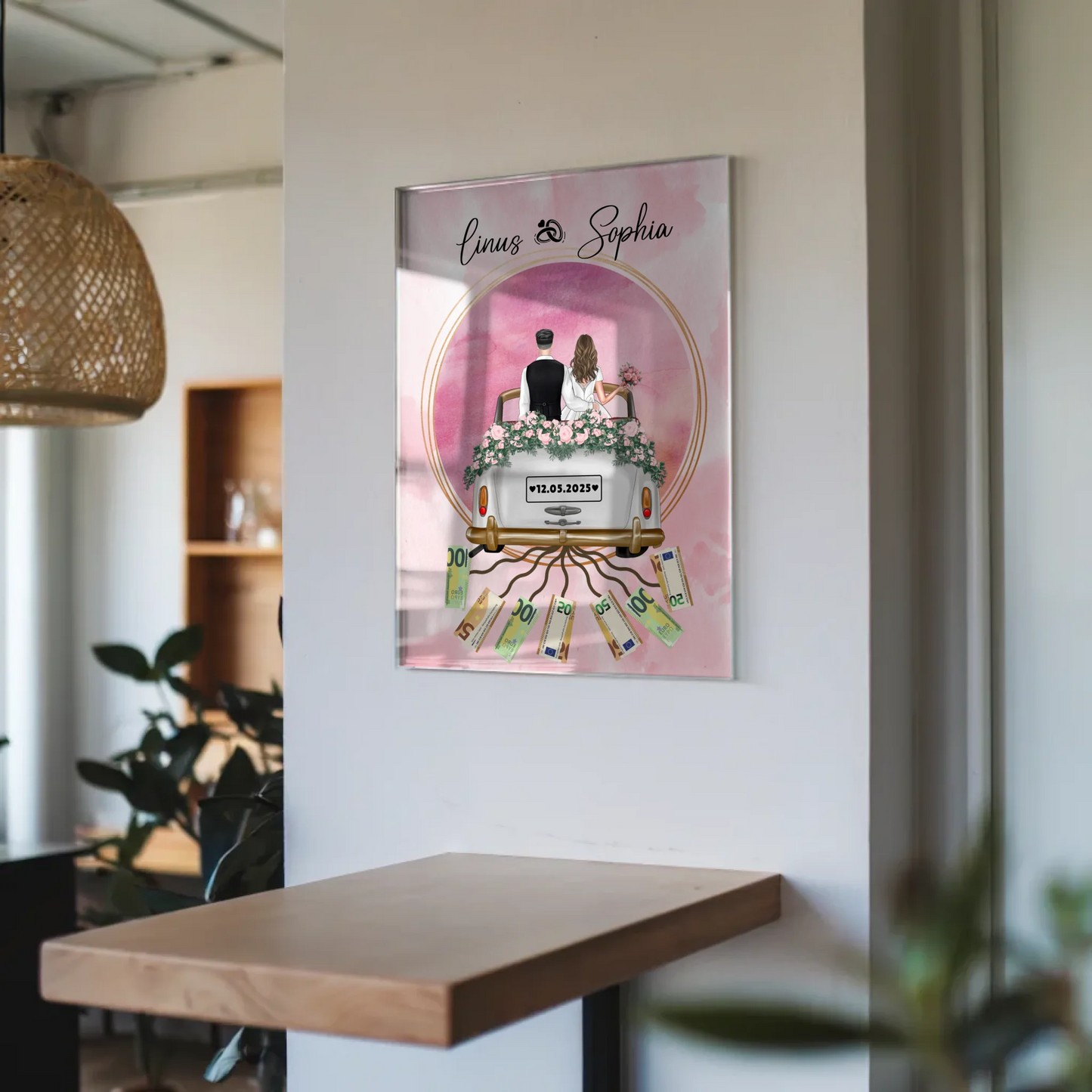 Geldgeschenkidee Hochzeit Acrylglas Bild mit Namen