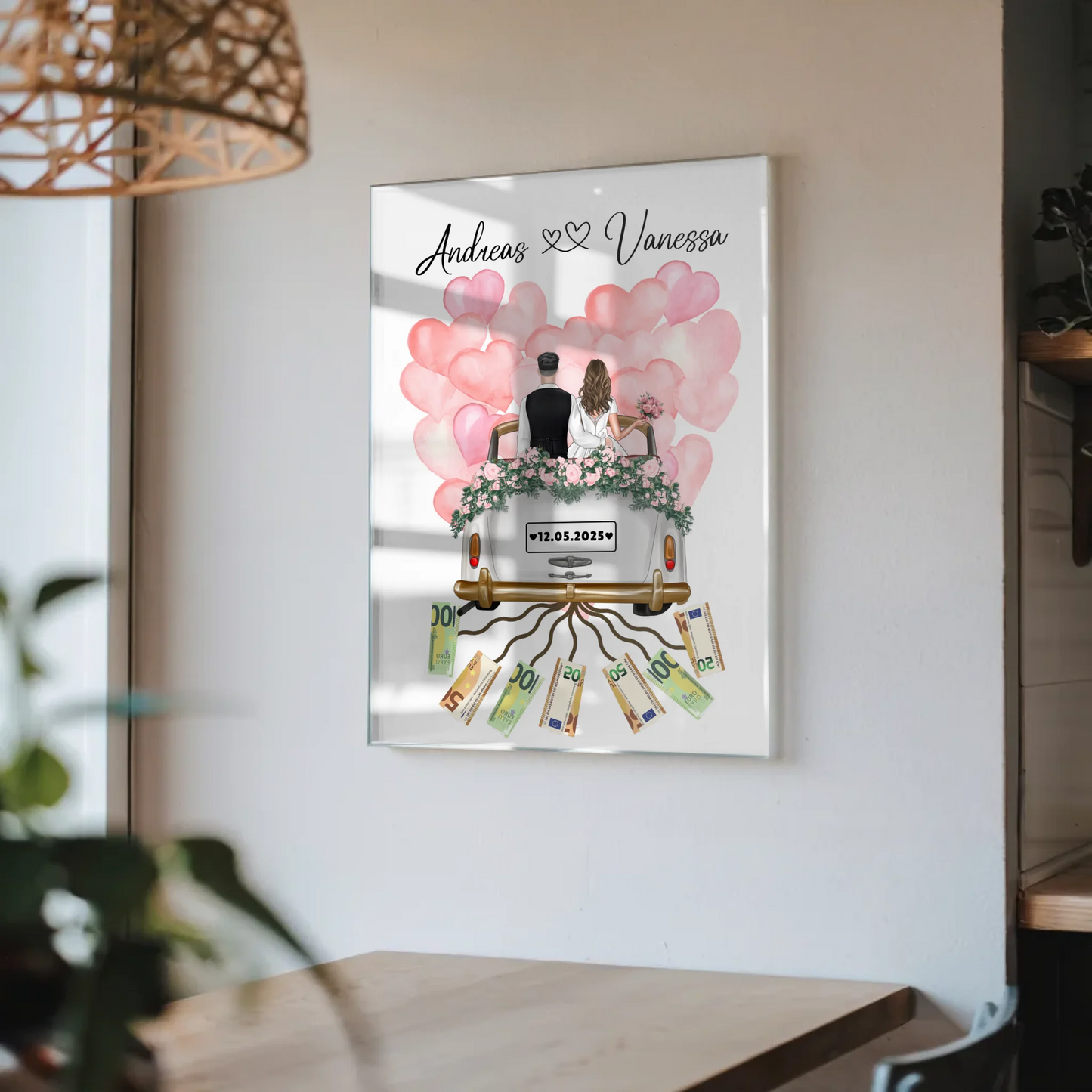 Geldgeschenkidee Hochzeit Acrylglas Bild mit Namen Datum