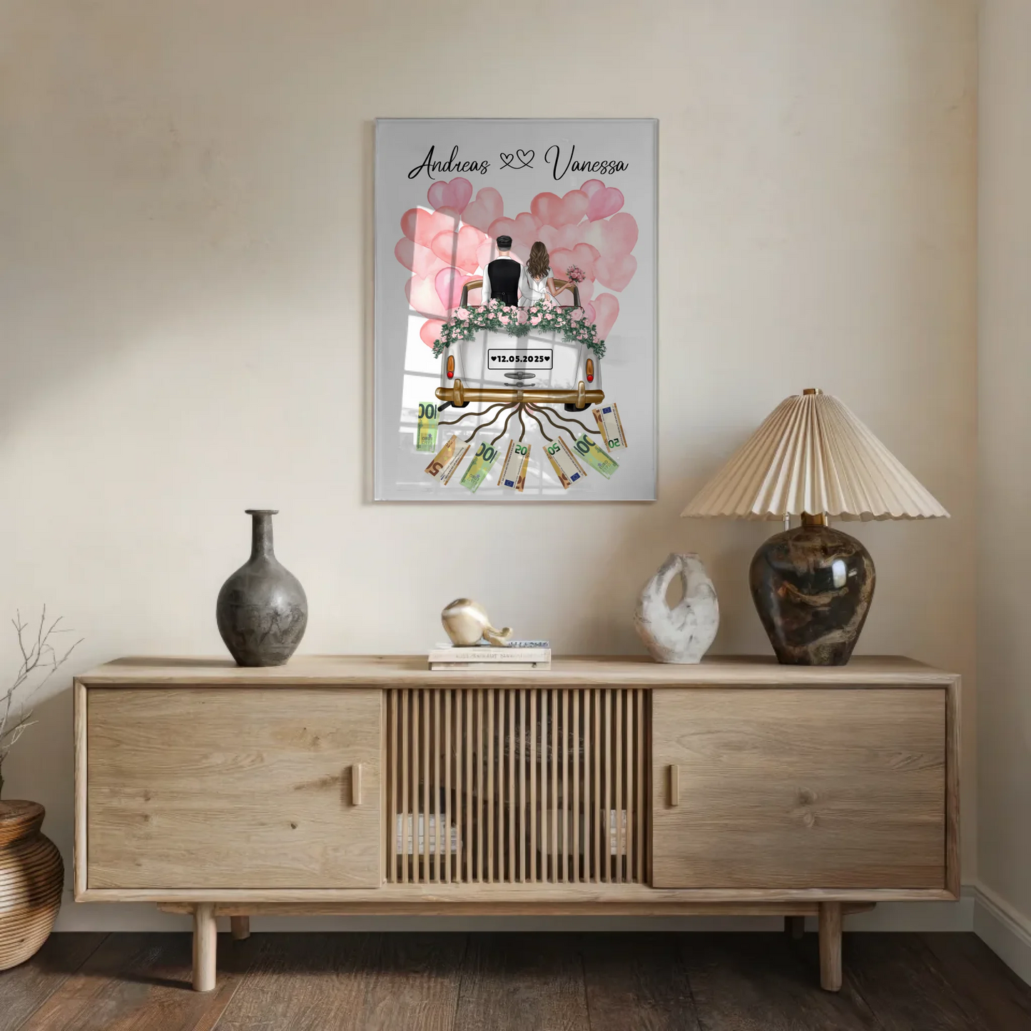 Geldgeschenkidee Hochzeit Acrylglas Bild mit Namen Datum