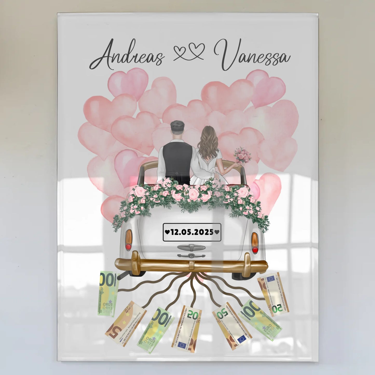 Geldgeschenkidee Hochzeit Acrylglas Bild mit Namen Datum