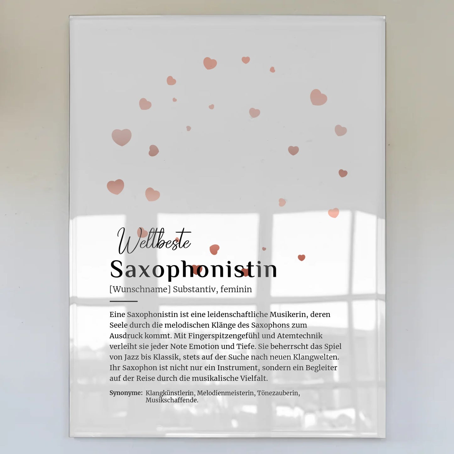 Acrylglas Bild Poster Saxophonistin mit Namen Geschenkidee