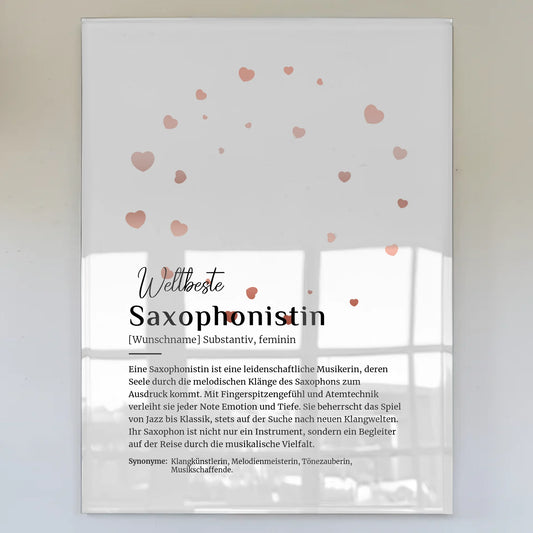 Acrylglas Bild Poster Saxophonistin mit Namen Geschenkidee