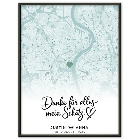 Personalisiert Stadtkarten Poster Paare Danke Für Alles Mein Schatz Mintgrün