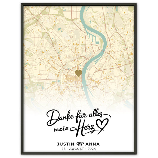 Personalisiertes Stadtkarten Poster für Paare Danke Für Alles Mein Herz