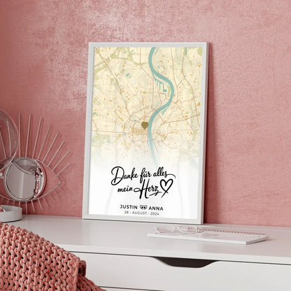 Personalisiertes Stadtkarten Poster für Paare Danke Für Alles Mein Herz