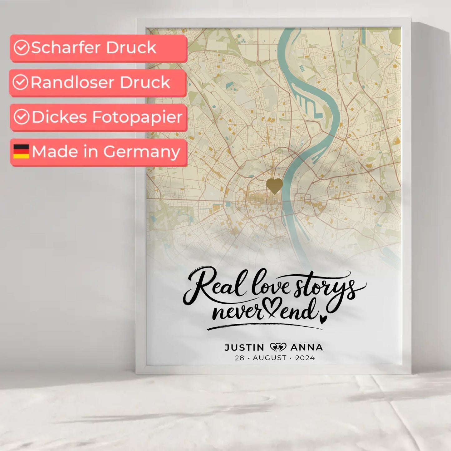 Personalisiert Stadtkarten Poster für Paare Real Love Storys Never End