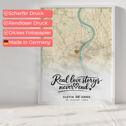 Personalisiert Stadtkarten Poster für Paare Real Love Storys Never End