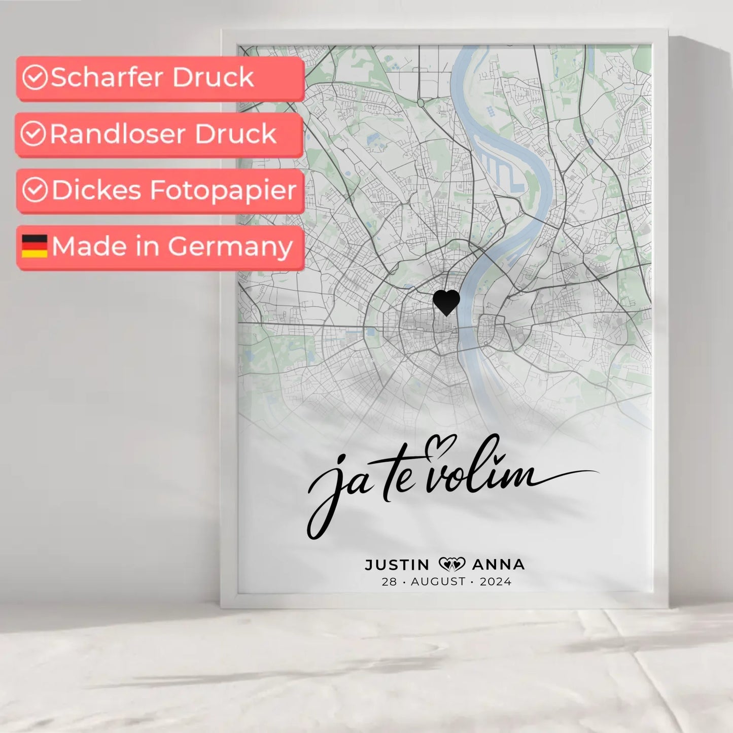 Personalisiert Stadtkarten Poster für Paare Ja Te Volim Natur Design